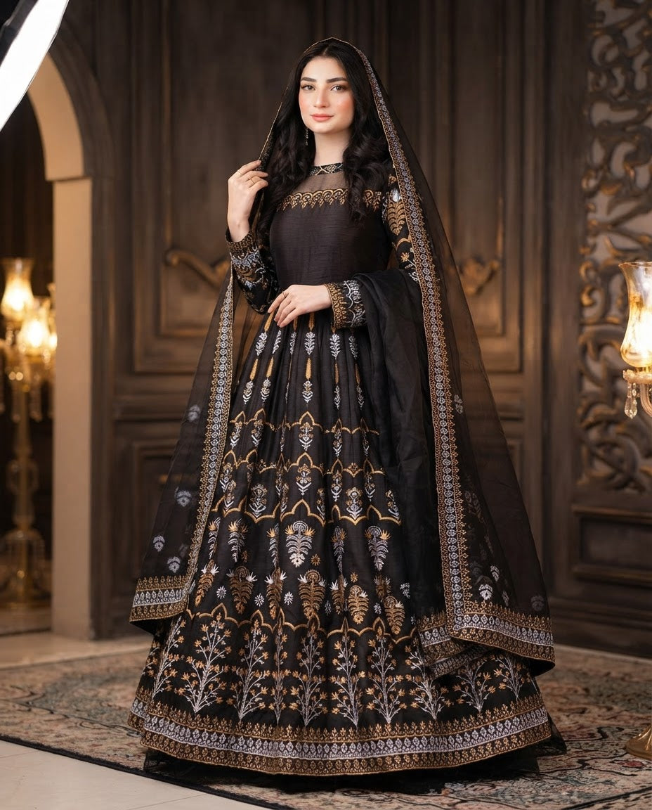 Black Katan Silk Maxi Set with Golden Floral Embroidery