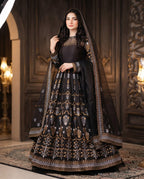 Black Katan Silk Maxi Set with Golden Floral Embroidery