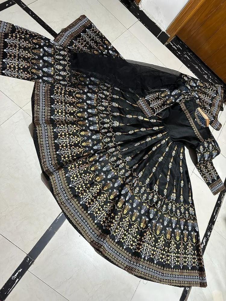 Black Katan Silk Maxi Set with Golden Floral Embroidery