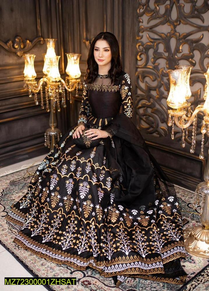 Black Katan Silk Maxi Set with Golden Floral Embroidery